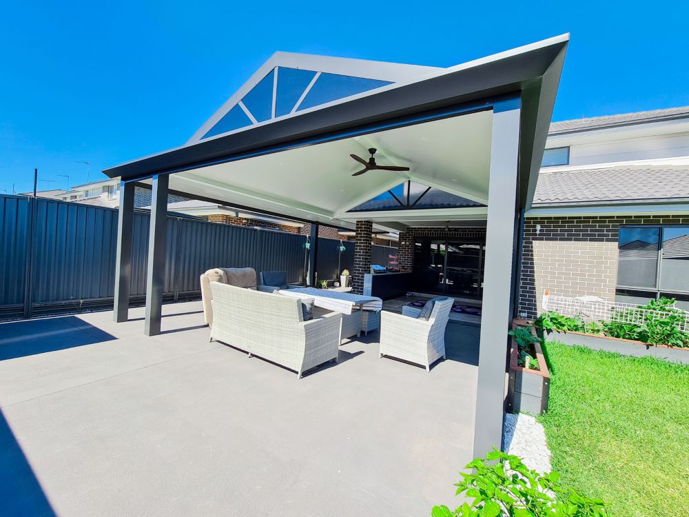 Combined Flat & Gable Insulated Patio Awning Featuring Stratco Edge Gutter & Aluminium Structure at Marden Park-2