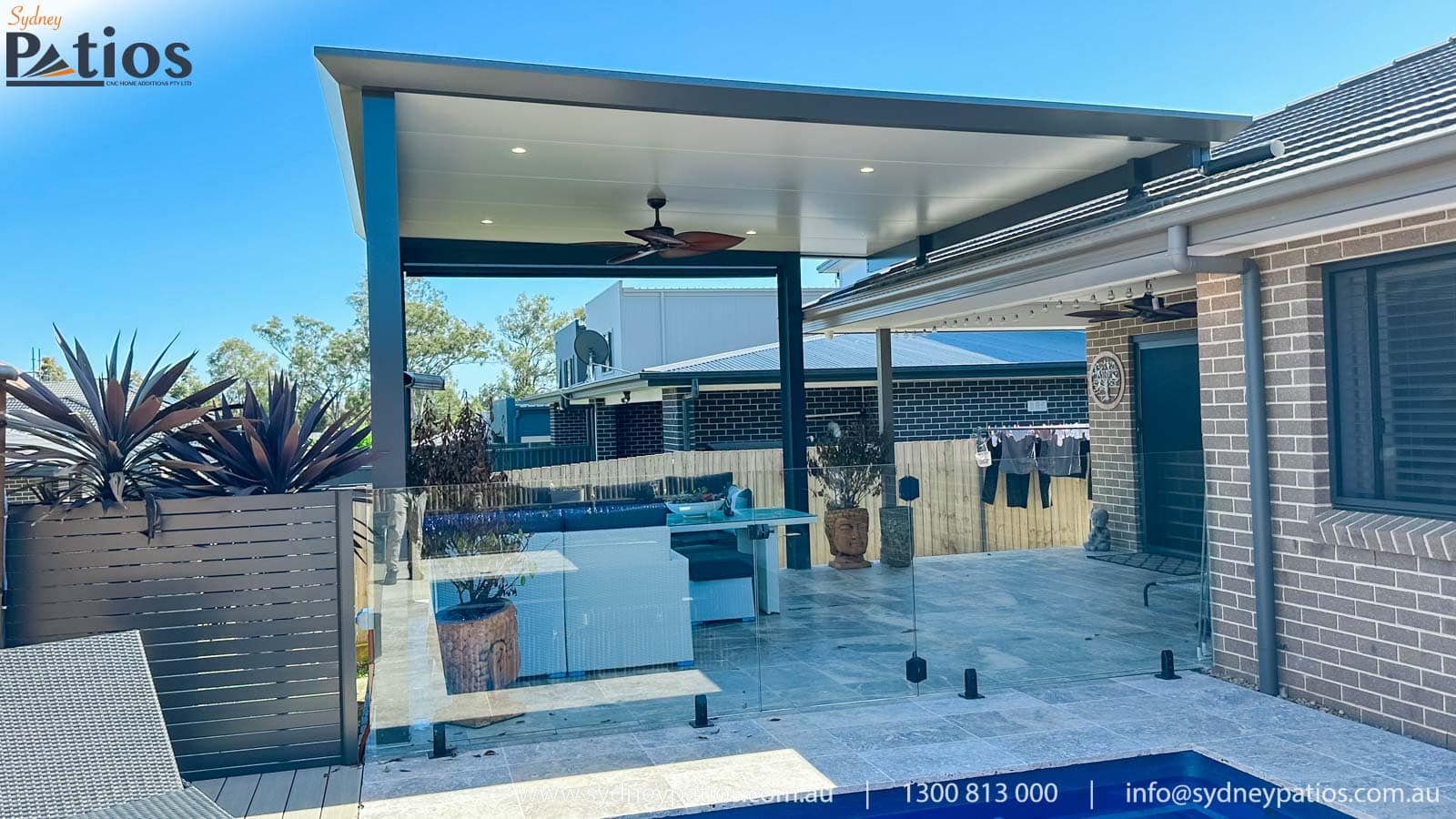 Sydney Patios' Oran Park Insulated Patio next to Swimming Pool